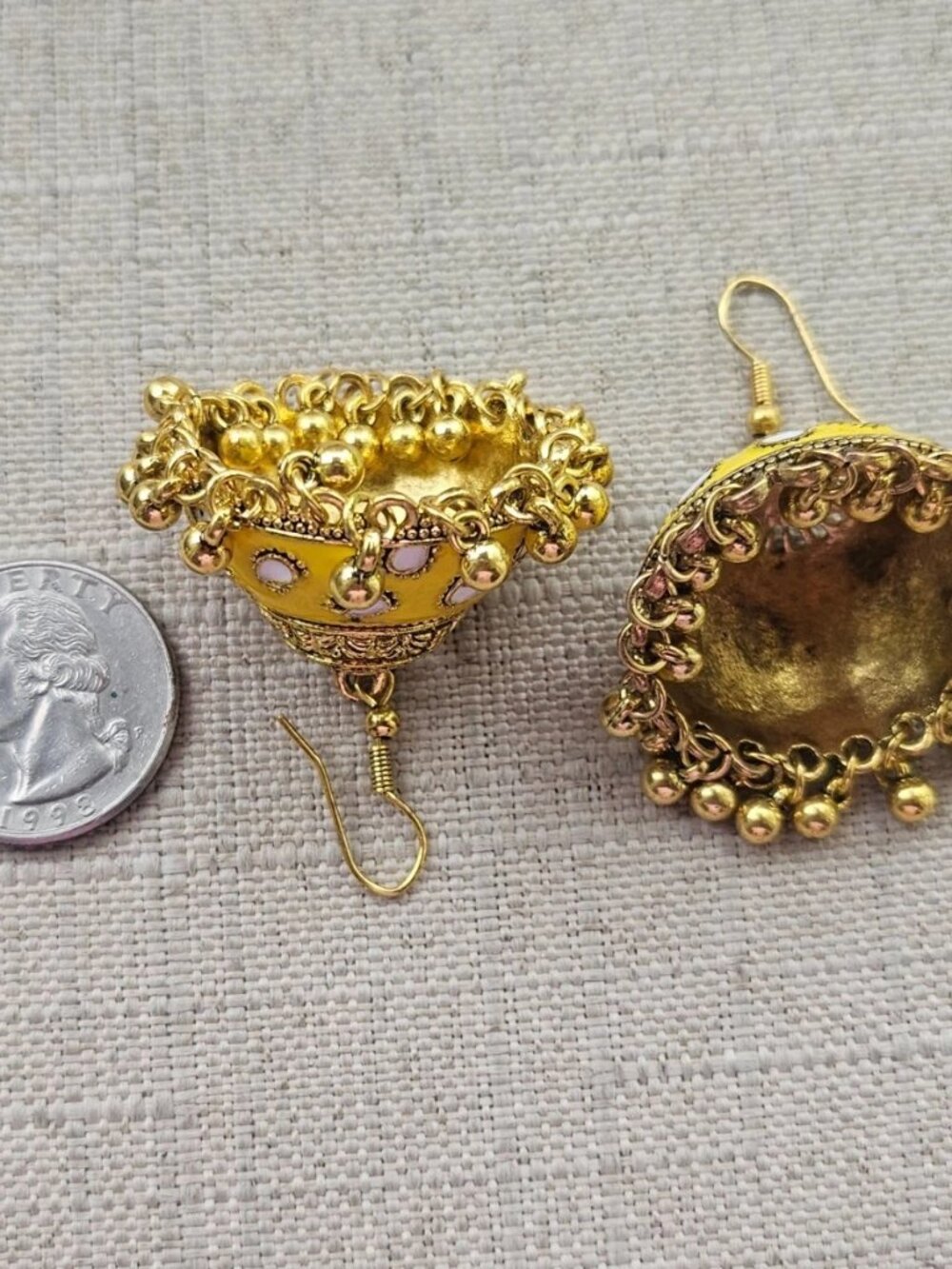 Jhumka Earrings Yellow Enamel Gold Tone Fashion Ear Jewelry Chandelier Earrings - Picture 9 of 11